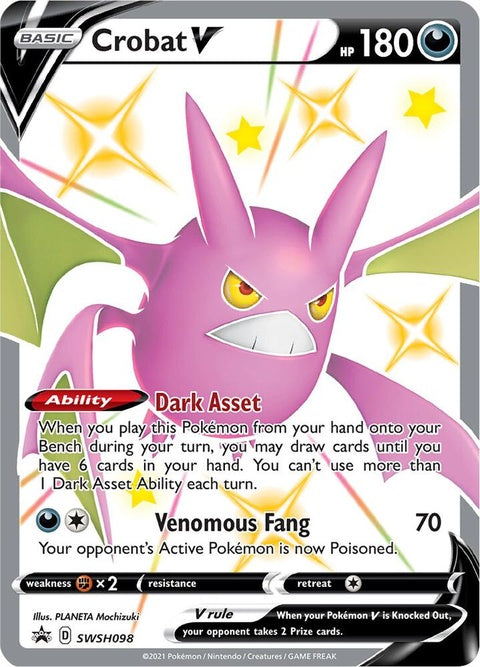 Pokémon Sword & Shield Black Star Promo Crobat V card from SWSH098 set, featuring a detailed illustration of Crobat V.
