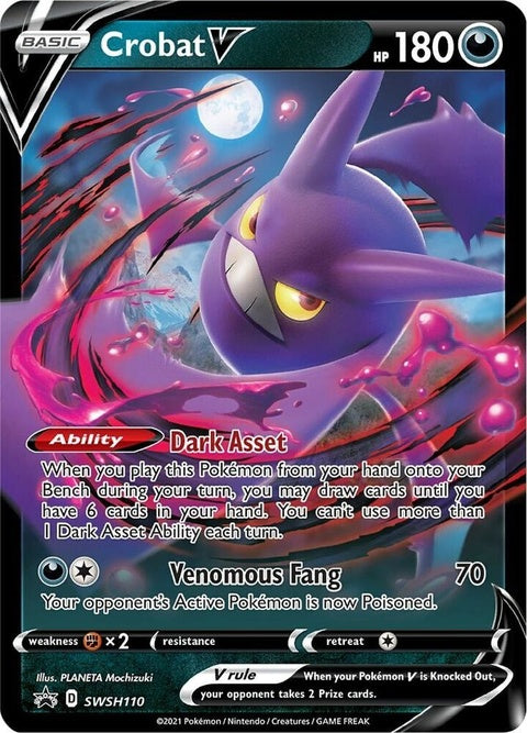 Pokémon Crobat V Sword & Shield Black Star Promo card, featuring artwork and details, from the SWSH110 series.