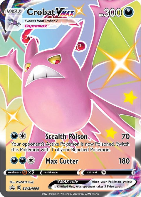 Pokémon Crobat Vmax Black Star Promo card from Sword & Shield series, featuring vivid artwork of Crobat Vmax Pokémon.