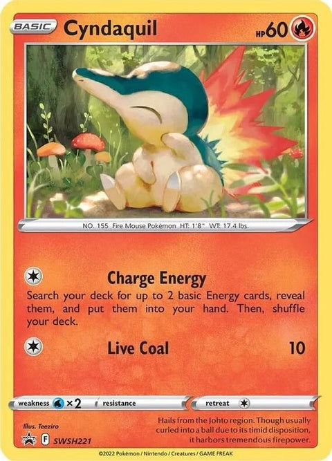 Pokémon Sword & Shield Black Star Promo Cyndaquil SWSH221 Cosmos Holo card displayed with shiny holo background.