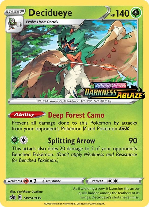 Pokémon Sword & Shield Black Star Promo Decidueye SWSH035 prerelease single card featuring Decidueye in a dynamic pose.