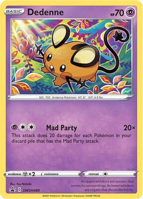 Pokémon Sword & Shield Black Star Promo Dedenne card, SWSH080, featuring Dedenne in a vibrant Pokémon trading card image.