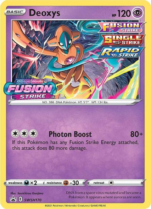 Pokémon Sword & Shield Black Star Promo Deoxys card, SWSH170 prerelease singles, featuring Deoxys in dynamic pose.