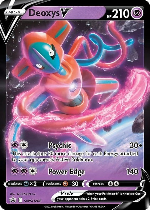 Pokémon Sword & Shield Black Star Promo Deoxys V card from SWSH266 set, featuring Deoxys V in a dynamic pose.