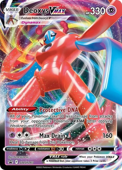 Pokémon Sword & Shield Black Star Promo Deoxys VMAX card from SWSH267, featuring Deoxys VMAX Pokémon in a dynamic pose.