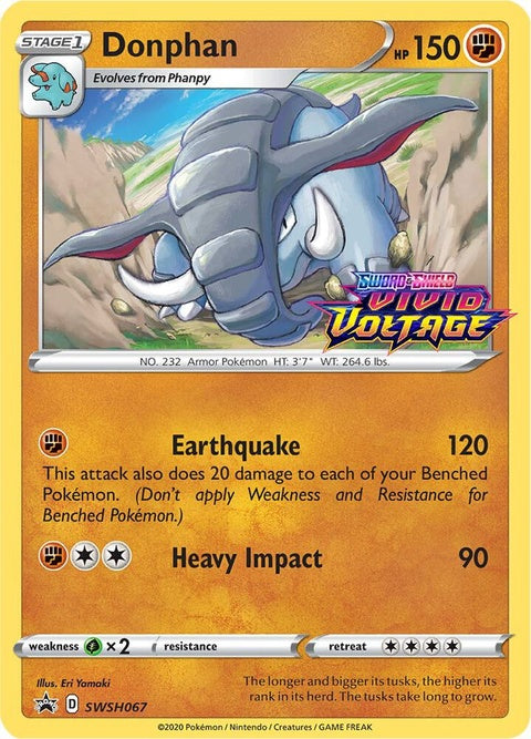 Pokémon Sword & Shield Black Star Promo Donphan SWSH067 prerelease card, featuring Donphan illustration on a black background.