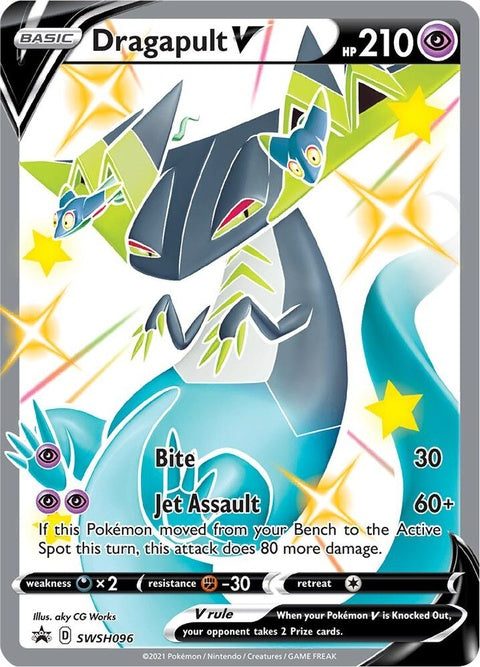 Pokémon Sword & Shield Black Star Promo Dragapult V card from SWSH096 set, featuring Dragapult V with vibrant artwork.