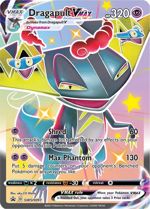 Pokémon Sword & Shield Black Star Promos Dragapult VMAX card, featuring vibrant artwork and high-quality design.