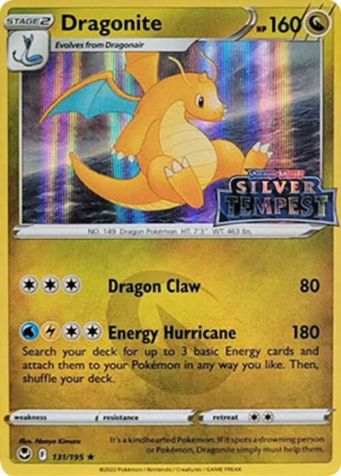 Pokémon Sword & Shield Black Star Promo Dragonite 131 silver stamped card from Silver Tempest set, featuring Dragonite in vibrant artwork.