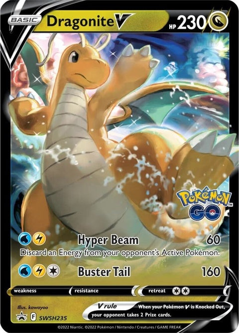Pokémon Sword & Shield Black Star Promo Dragonite V trading card, featuring Dragonite V artwork on a black background.