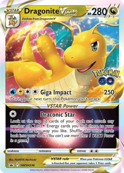 Pokémon Sword & Shield Black Star Promo card featuring Dragonite Vstar with vibrant artwork and detailed design.