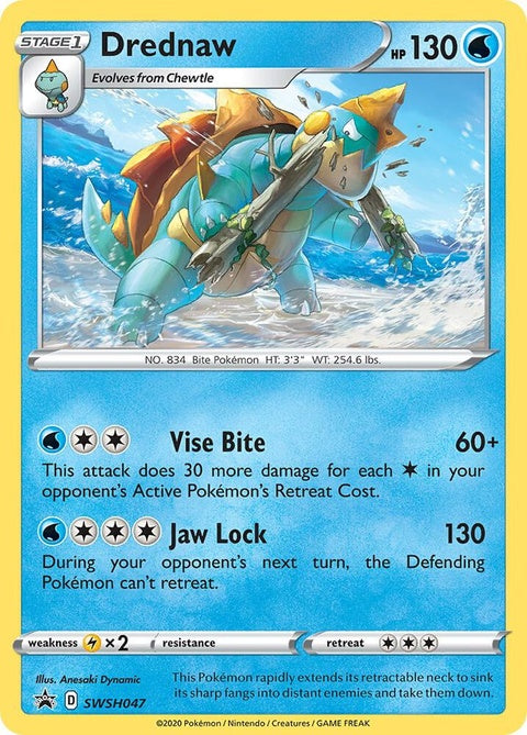 Pokémon Sword & Shield Black Star Promo Drednaw card, featuring detailed illustration and branding, from the SWSH047 set.