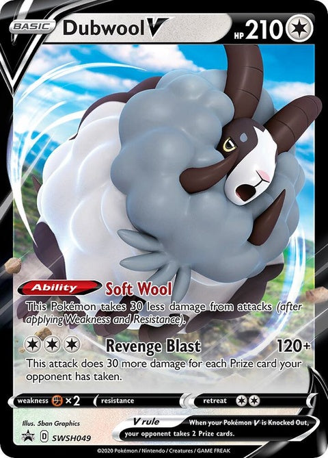 Pokémon Sword & Shield Black Star Promo Dubwool V trading card from the SWSH049 set, featuring Dubwool V Pokémon.