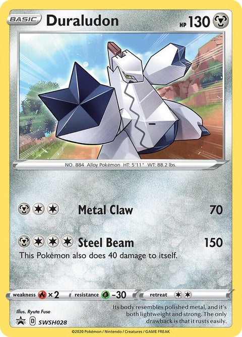 Pokémon Sword & Shield Black Star Promo Duraludon card, SWSH028, featuring artwork of the Dragon and Steel-type Pokémon.