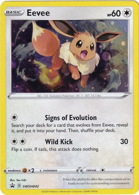 Pokémon Sword & Shield Black Star Promo Eevee card, featuring Eevee illustration and branding, on a white background.