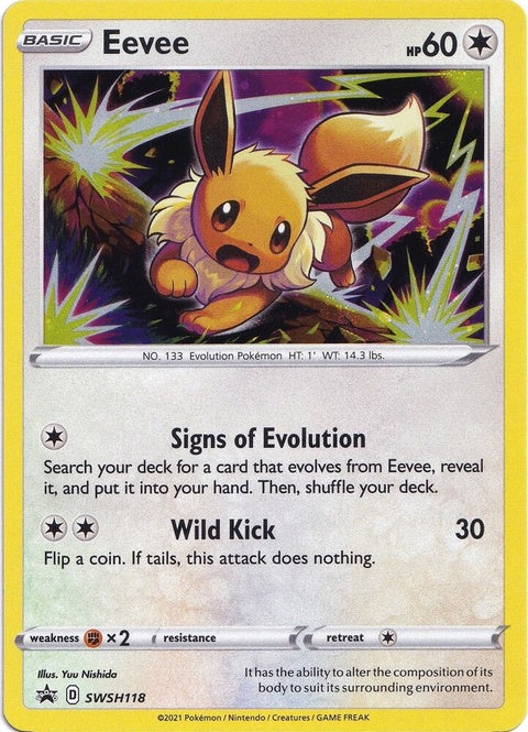 Pokémon Sword & Shield Black Star Promo Eevee card, SWSH118, featuring detailed artwork of the iconic Electric-type Pokémon.