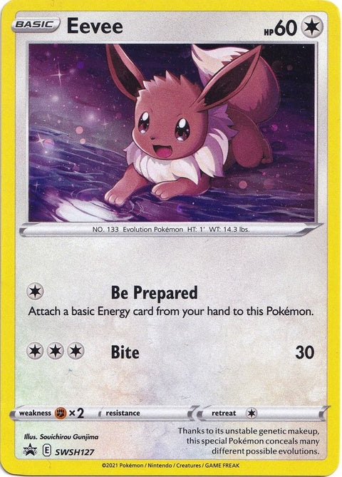 Pokémon Sword & Shield Black Star Promos Eevee card featuring artwork, collectible design, and Pokémon branding.