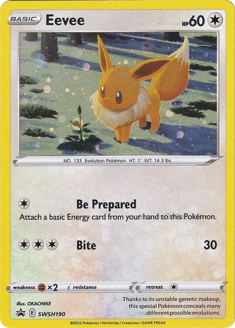 Pokémon Sword & Shield Black Star Promo card featuring Eevee from the SWSH190 set, showcasing detailed artwork on the card.