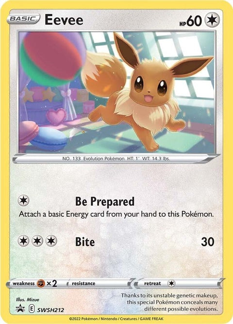 Pokémon Sword & Shield Black Star Promo Eevee card from SWSH212 set, featuring detailed illustrated Eevee with a black star background.