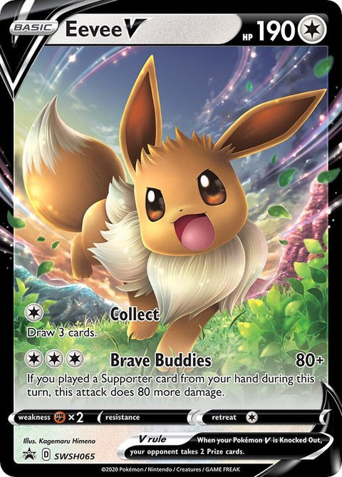 Pokémon Sword & Shield Black Star Promo Eevee V card, featuring a detailed illustration of Eevee in a dynamic pose.