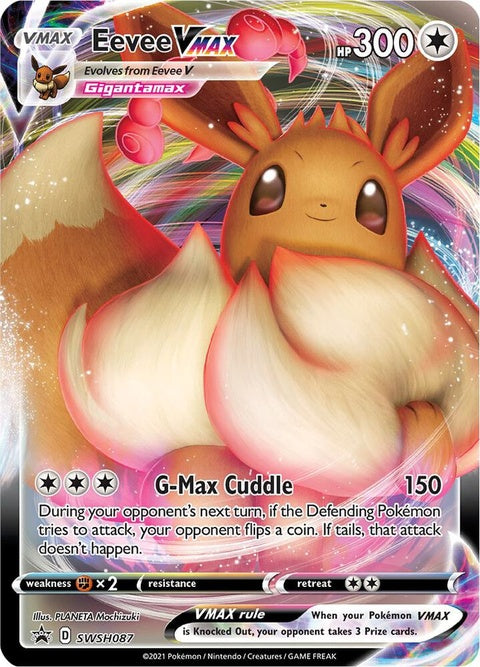 Pokémon Sword & Shield Black Star Promo Eevee Vmax card from SWSH087, featuring Eevee with vibrant artwork and branding.