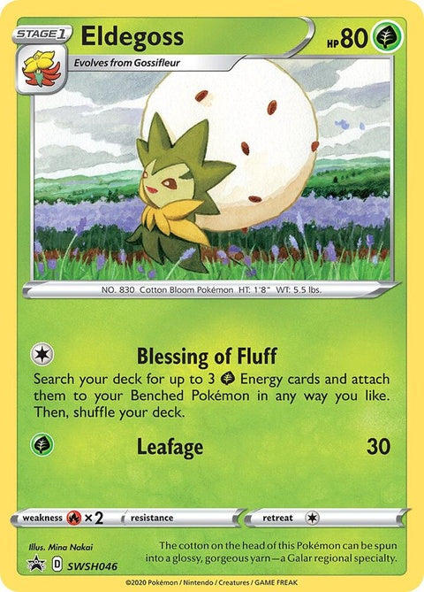 Pokémon Sword & Shield Black Star Promos Eldegoss card from SWSH046 set, featuring green and white artwork with Eldegoss illustration.