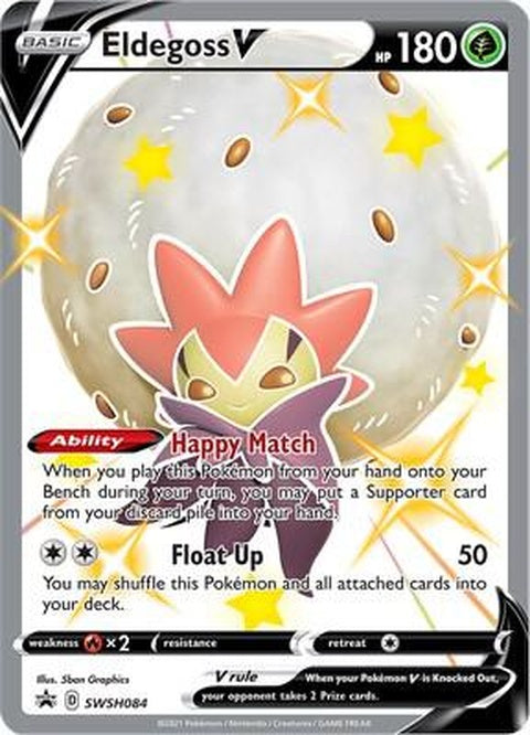 Pokémon Sword & Shield Black Star Promo card featuring Eldegoss V from the SWSH084 set, with artwork of Eldegoss on the card.