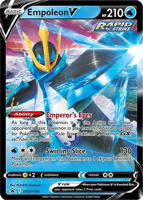 Pokémon Empoleon V Sword & Shield Black Star Promo card from SWSH108 featuring detailed artwork and branding.