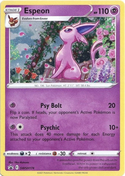 Pokémon Sword & Shield Black Star Promo Espeon card SWSH174 featuring Espeon Pokémon from the Pokémon TCG series.