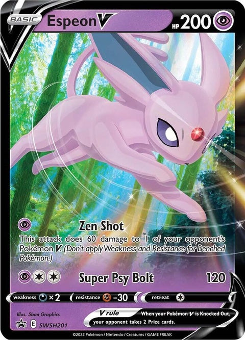 Pokémon Sword & Shield Black Star Promo Espeon V card from SWSH201 set, featuring Espeon illustration and branding.