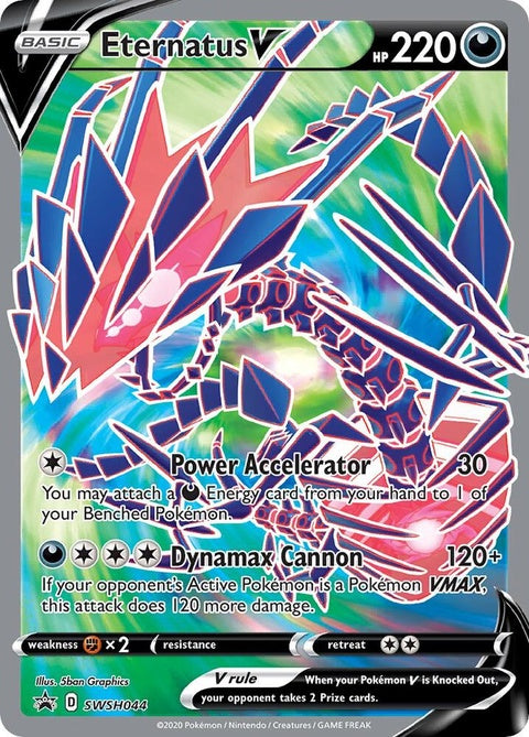Pokémon Sword & Shield Black Star Promos Eternatus V card from the SWSH044 set, featuring a dark dragon Pokémon with vibrant artwork.