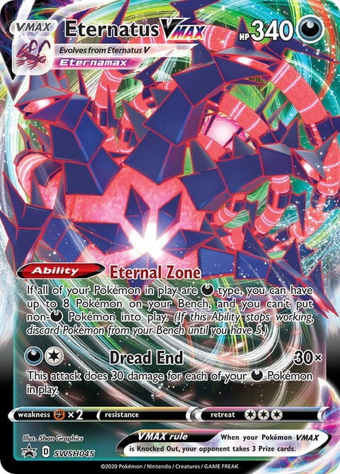 Pokémon Sword & Shield Black Star Promos Eternatus Vmax card, featuring vibrant artwork and detailed design.
