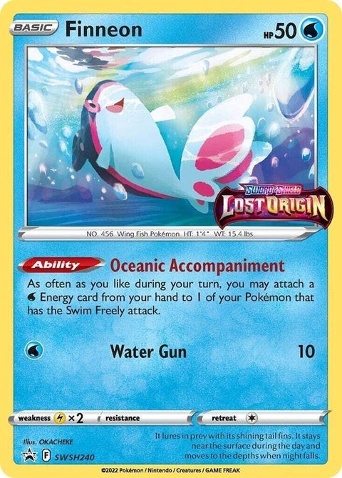 Pokémon Sword & Shield Black Star Promo Finneon card, prerelease version, featuring colorful artwork and detailed design.
