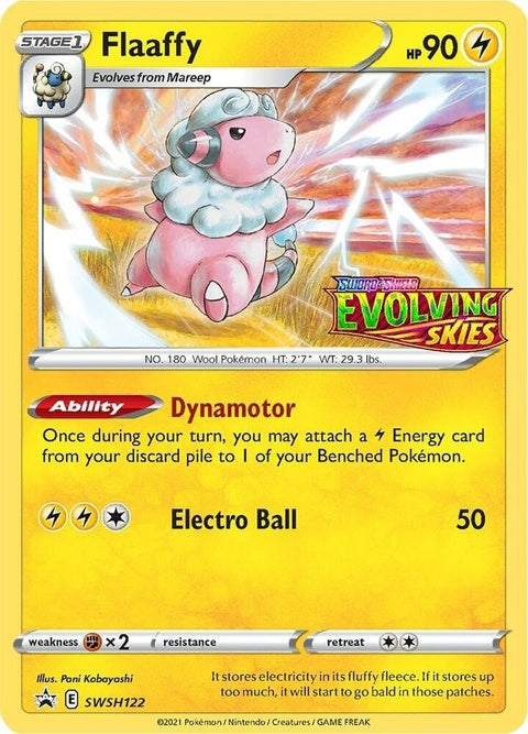 Pokémon Sword & Shield Black Star Promo Flaaffy SWSH122 prerelease single card featuring a Pokémon with pink and yellow coloring.