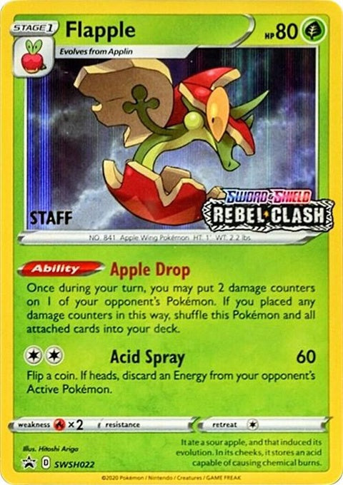 Pokémon Sword & Shield Black Star Promo Flapple card, prerelease singles from Pokémon TCG, featuring Flapple artwork.