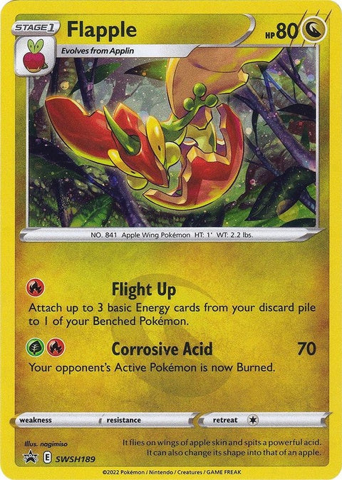 Pokémon Sword & Shield Black Star Promo Flapple card from SWSH189 set, featuring Flapple illustration on a black background.