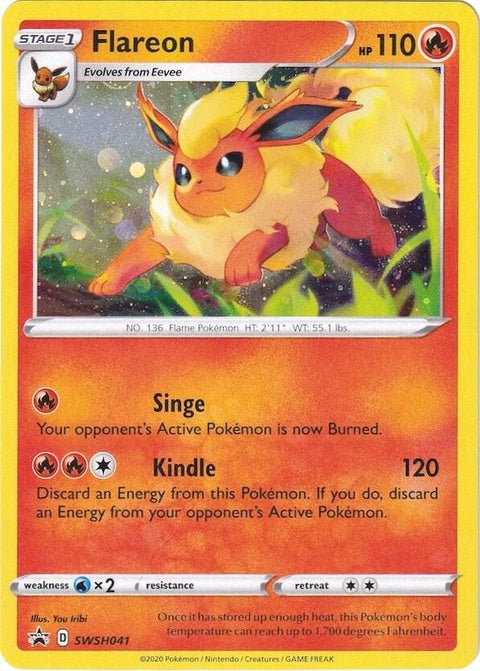 Pokémon Sword & Shield Black Star Promo Flareon card from SWSH041 featuring Flareon with fiery artwork.