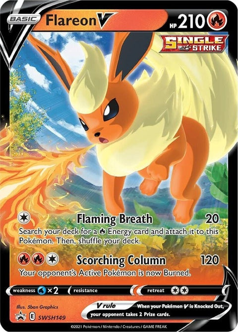 Pokémon Sword & Shield Black Star Promo Flareon V card from SWSH149 showing Flareon artwork and branding.