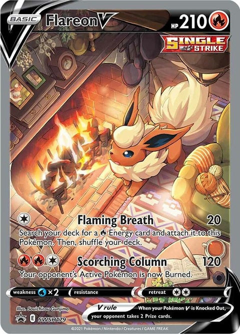 Pokémon Sword & Shield Black Star Promos Flareon V card from SWSH179 featuring Flareon artwork on a black star promo card.