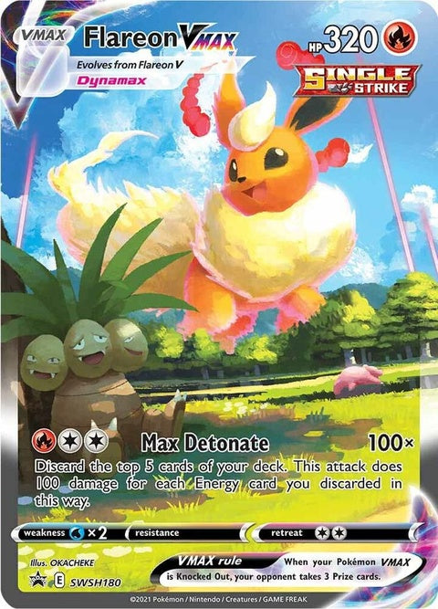 Pokémon Sword & Shield Black Star Promo Flareon Vmax card from SWSH180 featuring Flareon in a vibrant illustration.