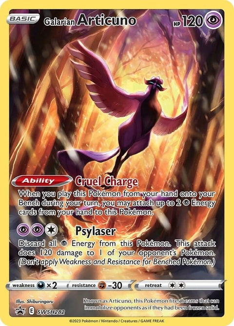 Pokémon Sword & Shield Black Star Promo Galarian Articuno card from SWSH282, featuring detailed artwork of the legendary Galarian Articuno.