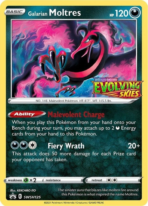 Pokémon Sword & Shield Black Star Promos Galarian Moltres card, SWSH125 prerelease singles, featuring artwork of Galarian Moltres.