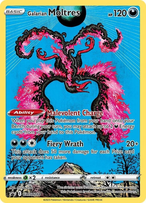 Pokémon Sword & Shield Black Star Promo Galarian Moltres card from SWSH284, featuring a striking illustration of the legendary bird.