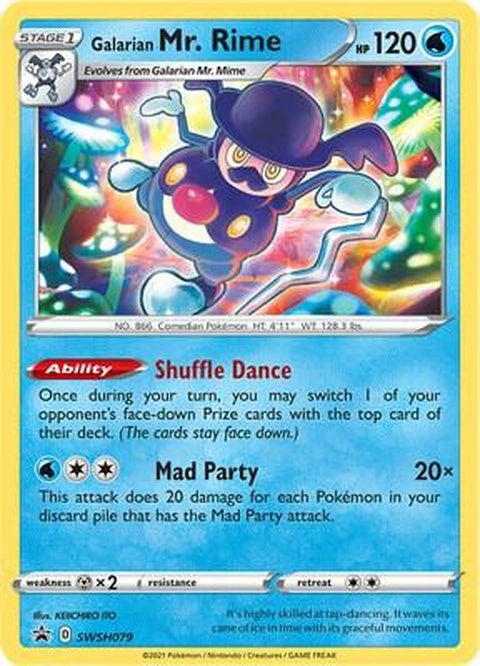 Pokémon Sword & Shield Black Star Promo card featuring Galarian Mr. Rime from the SWSH079 set, with artwork and card details visible.