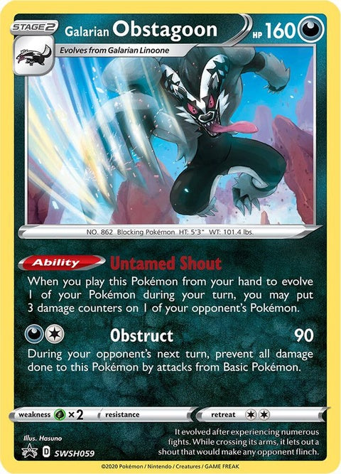 Pokémon Sword & Shield Galarian Obstagoon Black Star Promo card SWSH059, featuring detailed illustration of the dark Normal-type Pokémon.