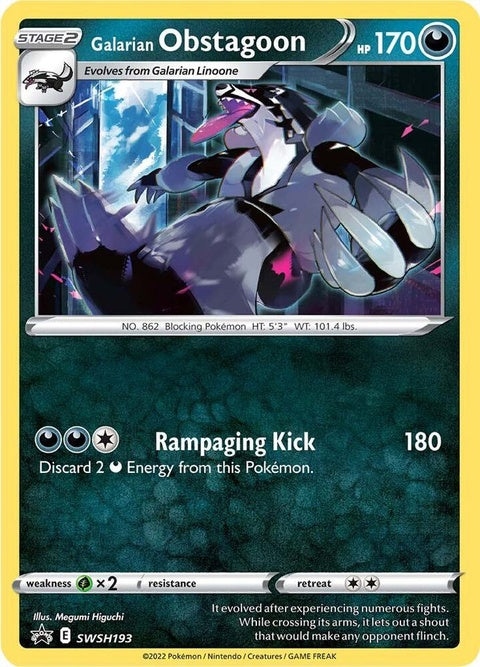 Pokémon Sword & Shield Black Star Promo Galarian Obstagoon Pokémon card, featuring detailed artwork and branding.