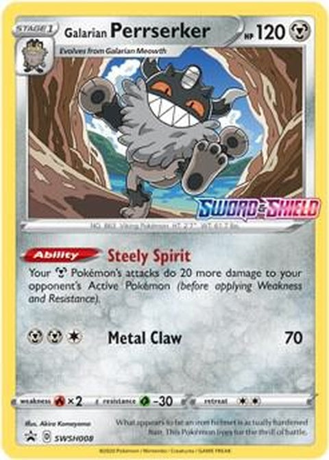 Galarian Perrserker Pokémon Sword & Shield Black Star Promo card SWSH008, detailed illustration on a gaming card.