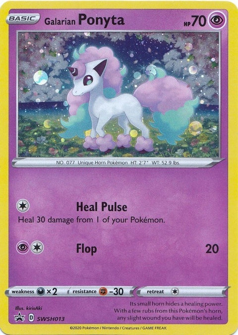 Pokémon Sword & Shield Black Star Promo Galarian Ponyta card from SWSH013, featuring a colorful illustration of Galarian Ponyta.