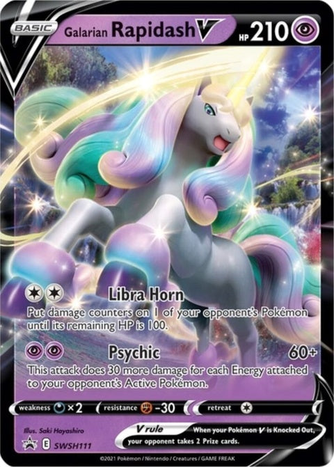 Pokémon Sword & Shield Black Star Promo Galarian Rapidash V card, featuring vibrant artwork of the Galarian Rapidash V Pokémon.