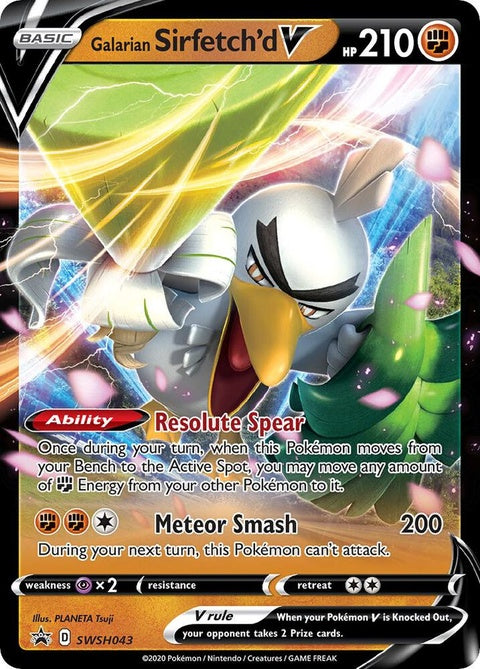 Pokémon Sword & Shield Galarian Sirfetch'd V Black Star Promo card, featuring artwork of the Galarian Sirfetch'd Pokémon.